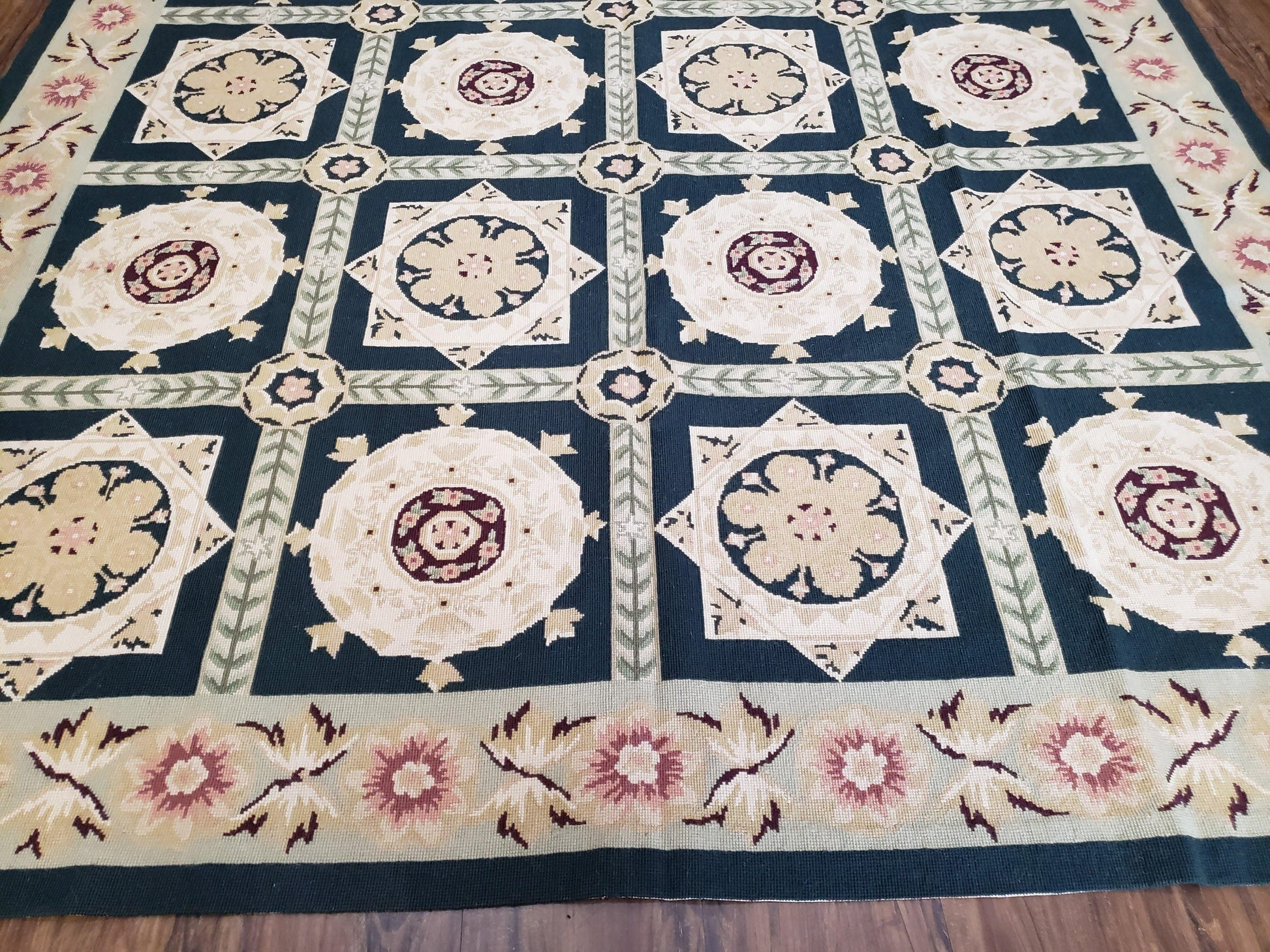 Vintage Chinese Needlepoint Rug 6x9, Panel Design Area Rug Wool Hand-Woven Black & Ivory Carpet Flat Weave Bedroom Rug 6 x 9 Living Room Rug - Nuvé