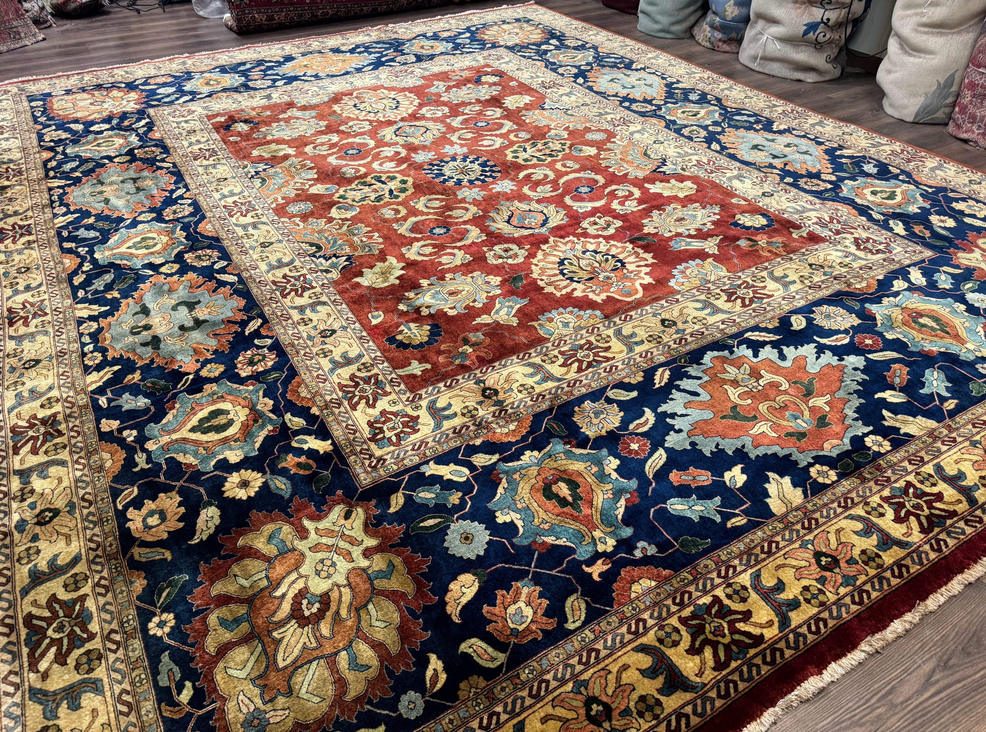 Palace Size Indo Persian Rug 12x15, Sultanabad Mahal Carpet, Red Navy Blue, Fine 210 KPSI - Nuvé