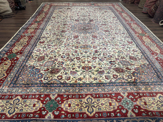 Persian Mashad Rug 10x16, Palace Size Handmade Wool Carpet, Cream Red, Floral Medallion, Vintage - Nuvé