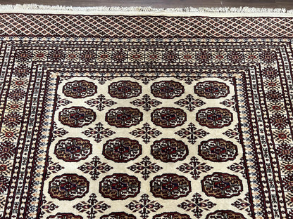 Pakistani Turkoman Rug 6x9, Cream and Red Hand Knotted Wool Oriental Carpet, Yamud Rug, Tribal Rug 6 x 9, Bohemian Area Rug, Bokhara Rug - Nuvé