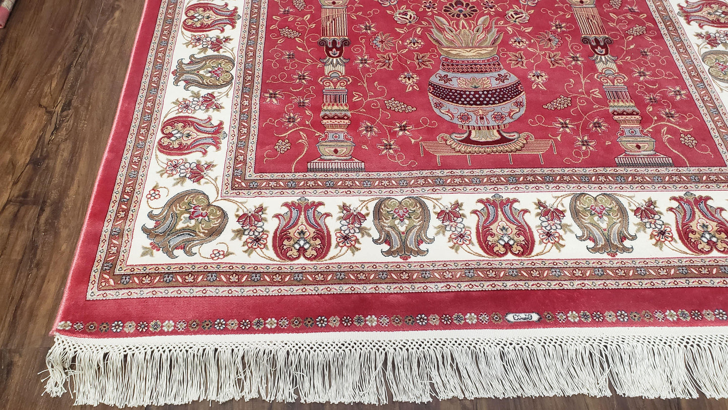 4 x 6 Silk Carpet Red, Traditional Oriental Rug 4x6, Flower Vase Columns, Turkish Rug New, High Quality, Bamboo Silk, Area Rug - Nuvé
