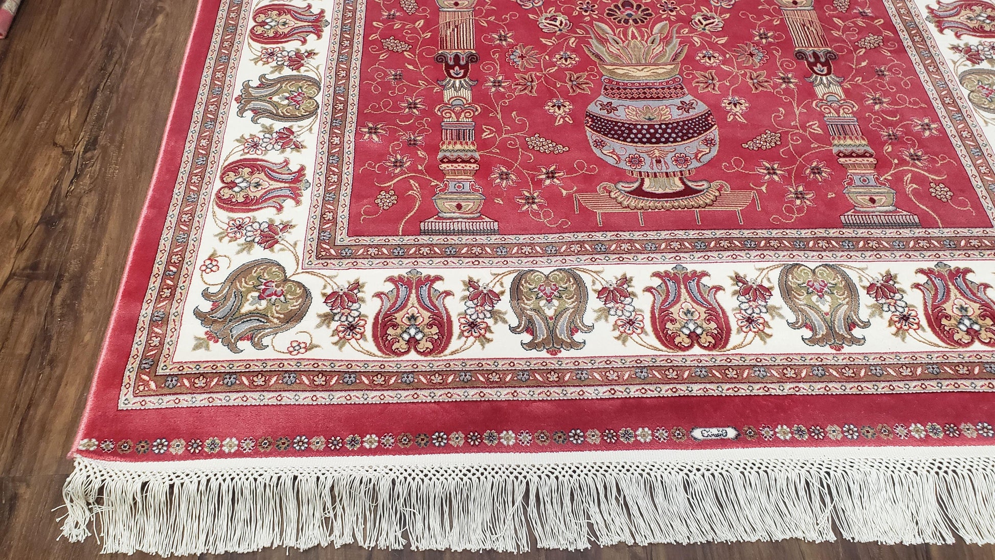 4 x 6 Silk Carpet Red, Traditional Oriental Rug 4x6, Flower Vase Columns, Turkish Rug New, High Quality, Bamboo Silk, Area Rug - Nuvé