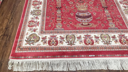 4 x 6 Silk Carpet Red, Traditional Oriental Rug 4x6, Flower Vase Columns, Turkish Rug New, High Quality, Bamboo Silk, Area Rug - Nuvé
