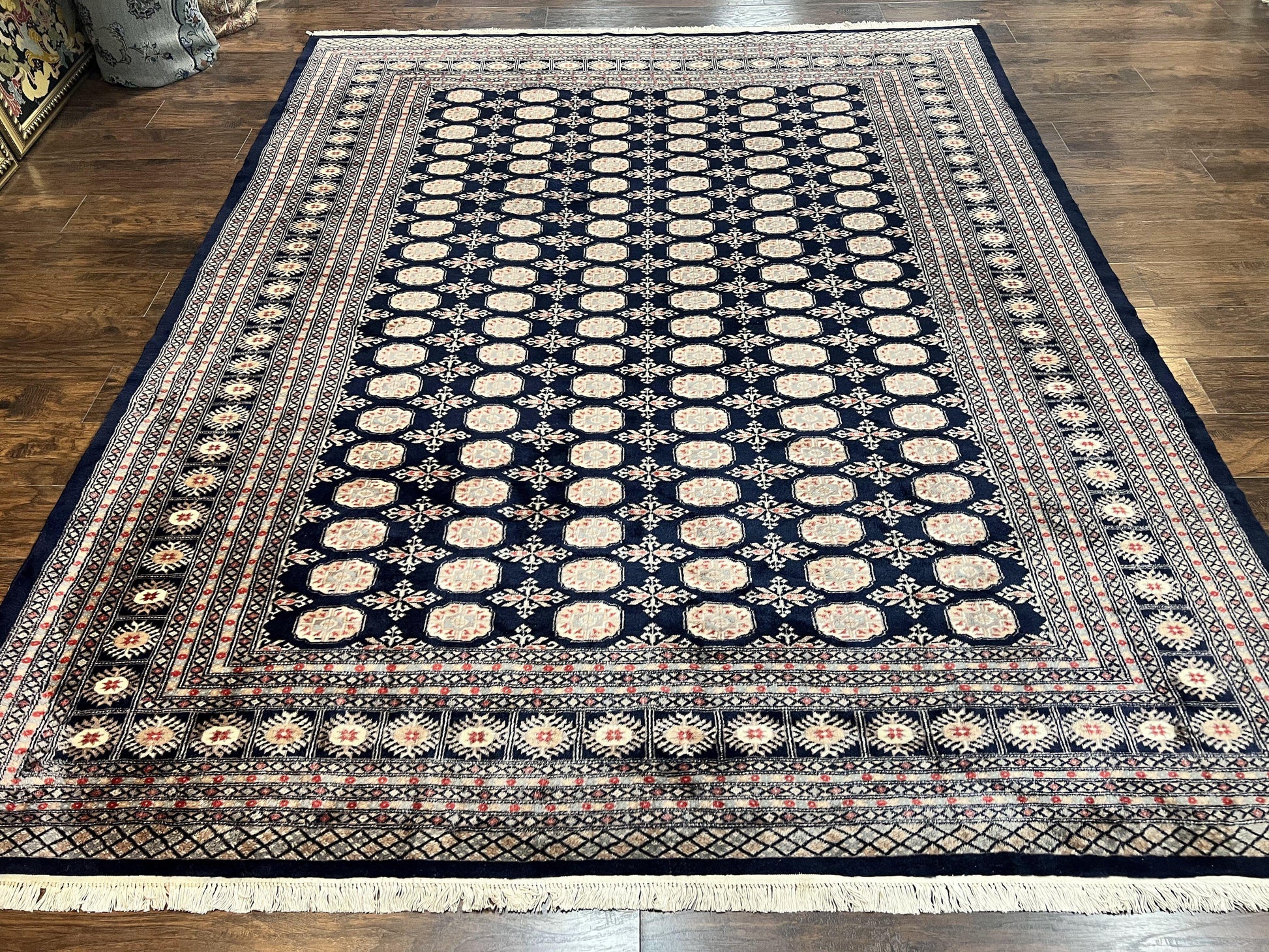 Pakistani Bokhara Rug 8x10, Turkoman Carpet, Dark Blue and Beige, Vintage Handmade Wool Carpet - Nuvé