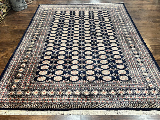 Pakistani Bokhara Rug 8x10, Turkoman Carpet, Dark Blue and Beige, Vintage Handmade Wool Carpet - Nuvé