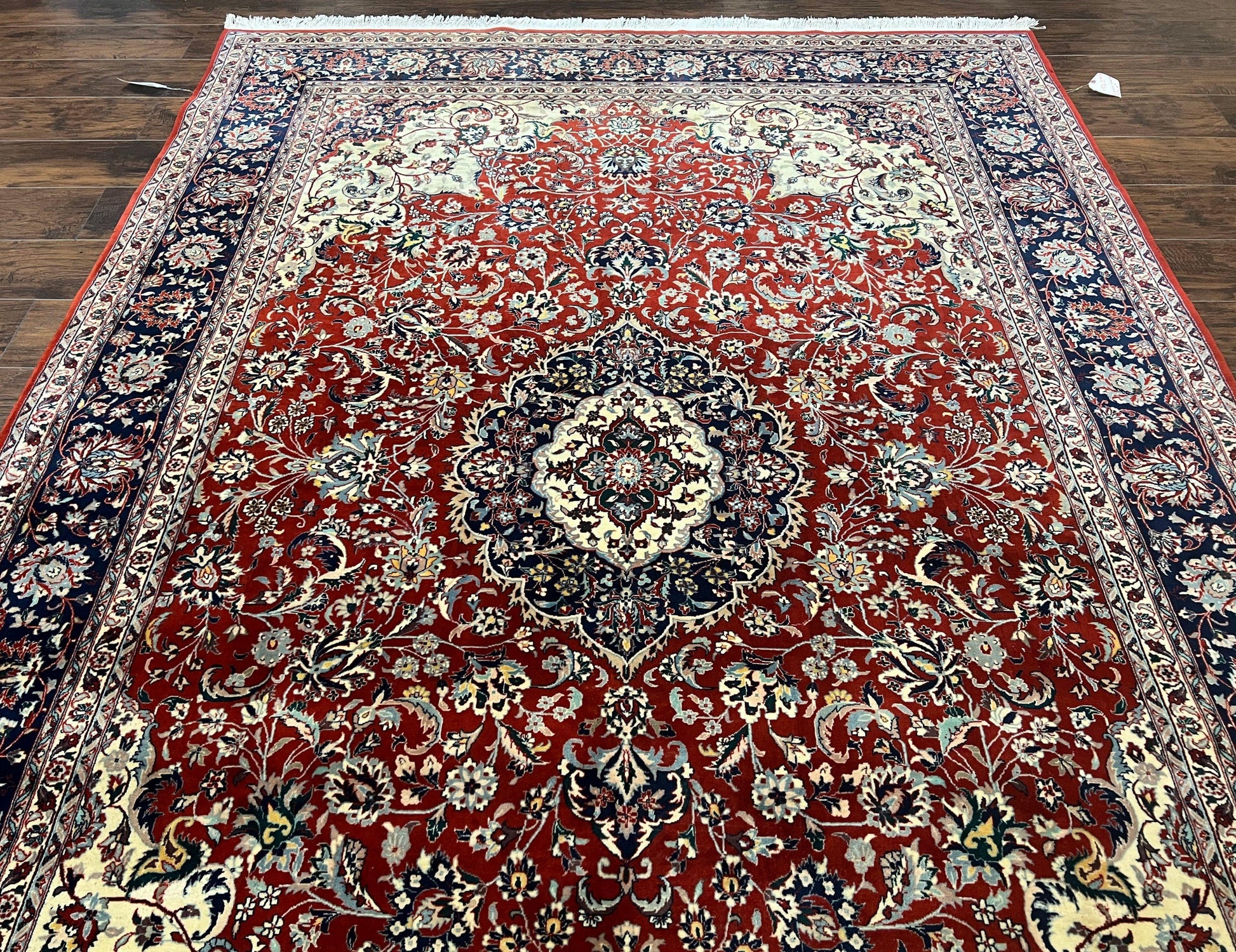 Fine Sino Persian Rug 7x10 ft, Floral Central Medallion Oriental Carpet, Red Navy Blue Cream, Hand Knotted Wool Traditional Vintage Rug - Nuvé