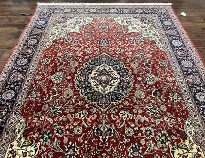 Fine Sino Persian Rug 7x10 ft, Floral Central Medallion Oriental Carpet, Red Navy Blue Cream, Hand Knotted Wool Traditional Vintage Rug - Nuvé