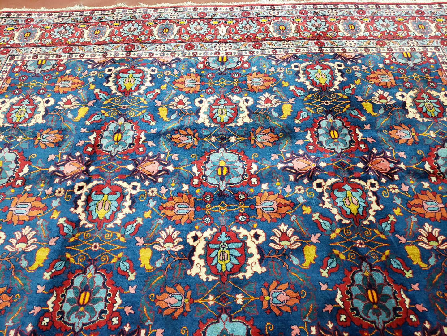 Rare Antique Persian Veramin Carpet, Mina-Khani Pattern, Blue, Red, Ivory, 7x11 ft, Hand-Knotted, Wool - Nuvé