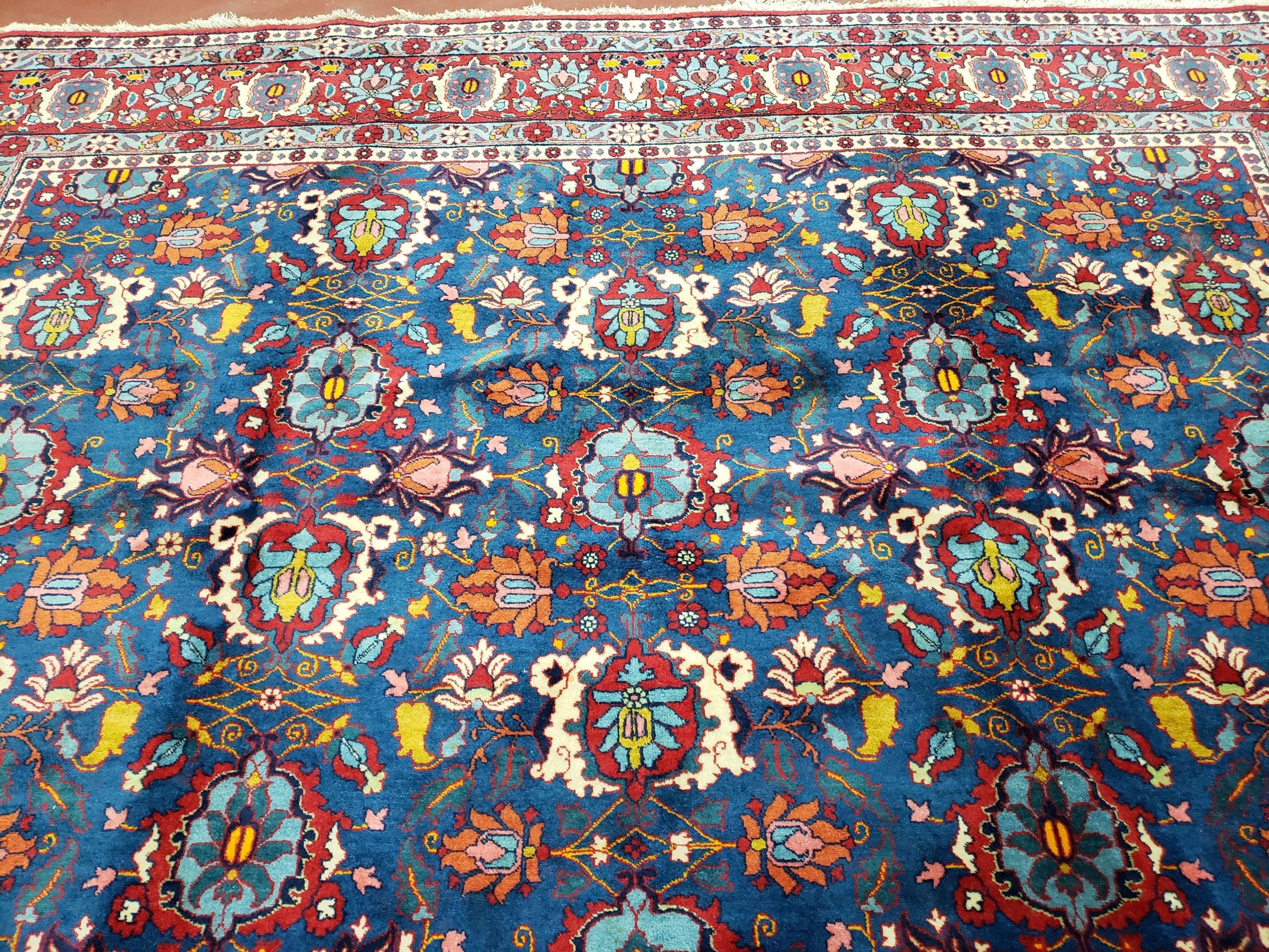 Rare Antique Persian Veramin Carpet, Mina-Khani Pattern, Blue, Red, Ivory, 7x11 ft, Hand-Knotted, Wool - Nuvé