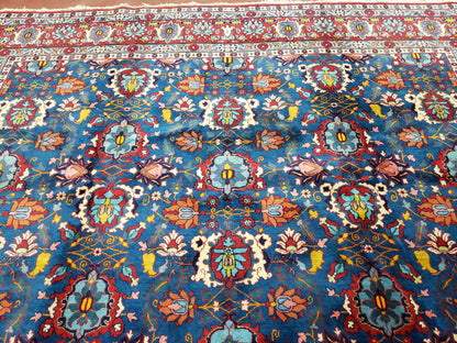 Rare Antique Persian Veramin Carpet, Mina-Khani Pattern, Blue, Red, Ivory, 7x11 ft, Hand-Knotted, Wool - Nuvé