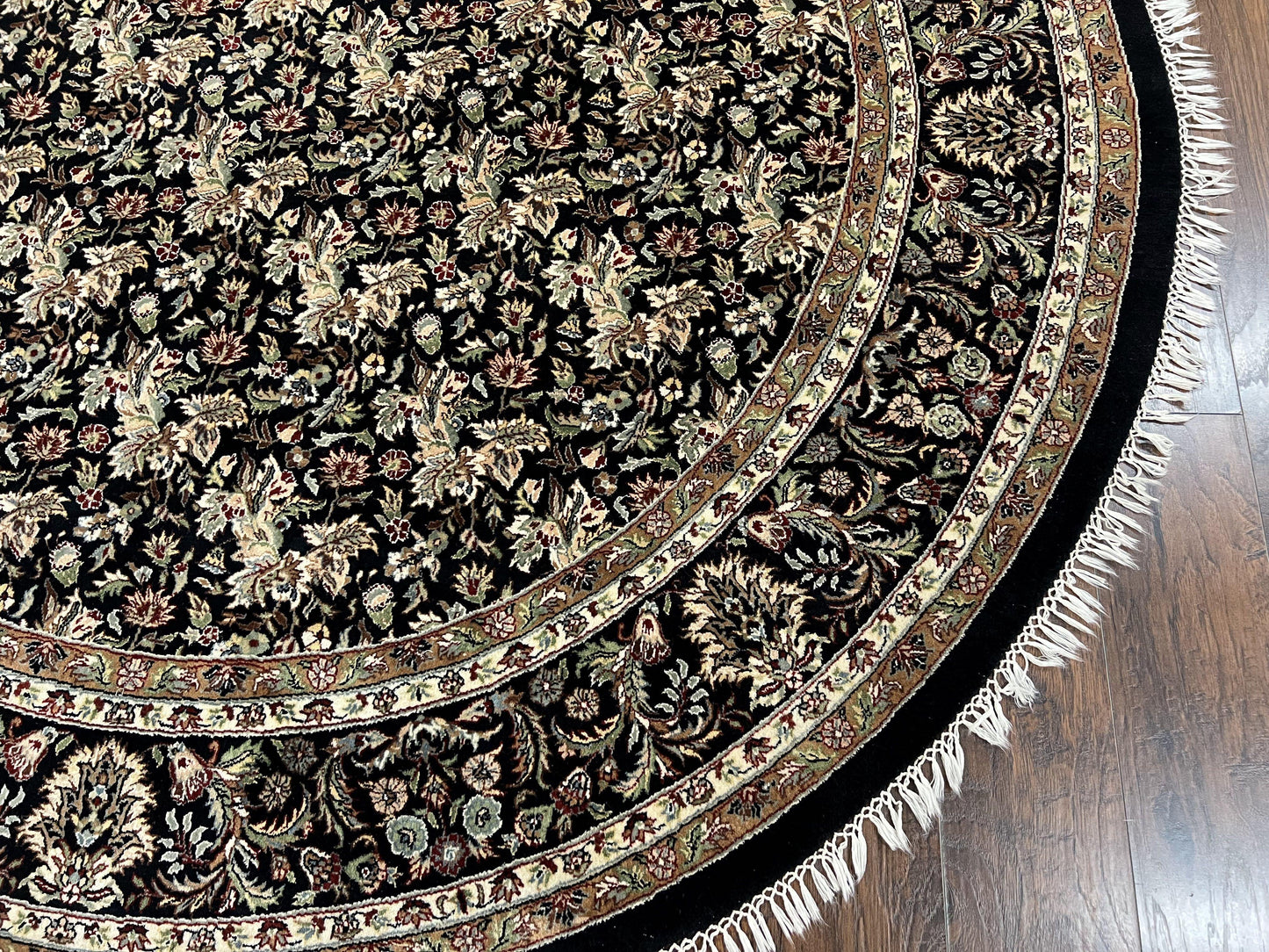 Round Oriental Rug 8x8 ft, William Morris Floral Pattern Carpet, 8 x 8 ft Round Rug, Black Cream and Tan 8ft Round Handmade Indo Persian Rug - Nuvé