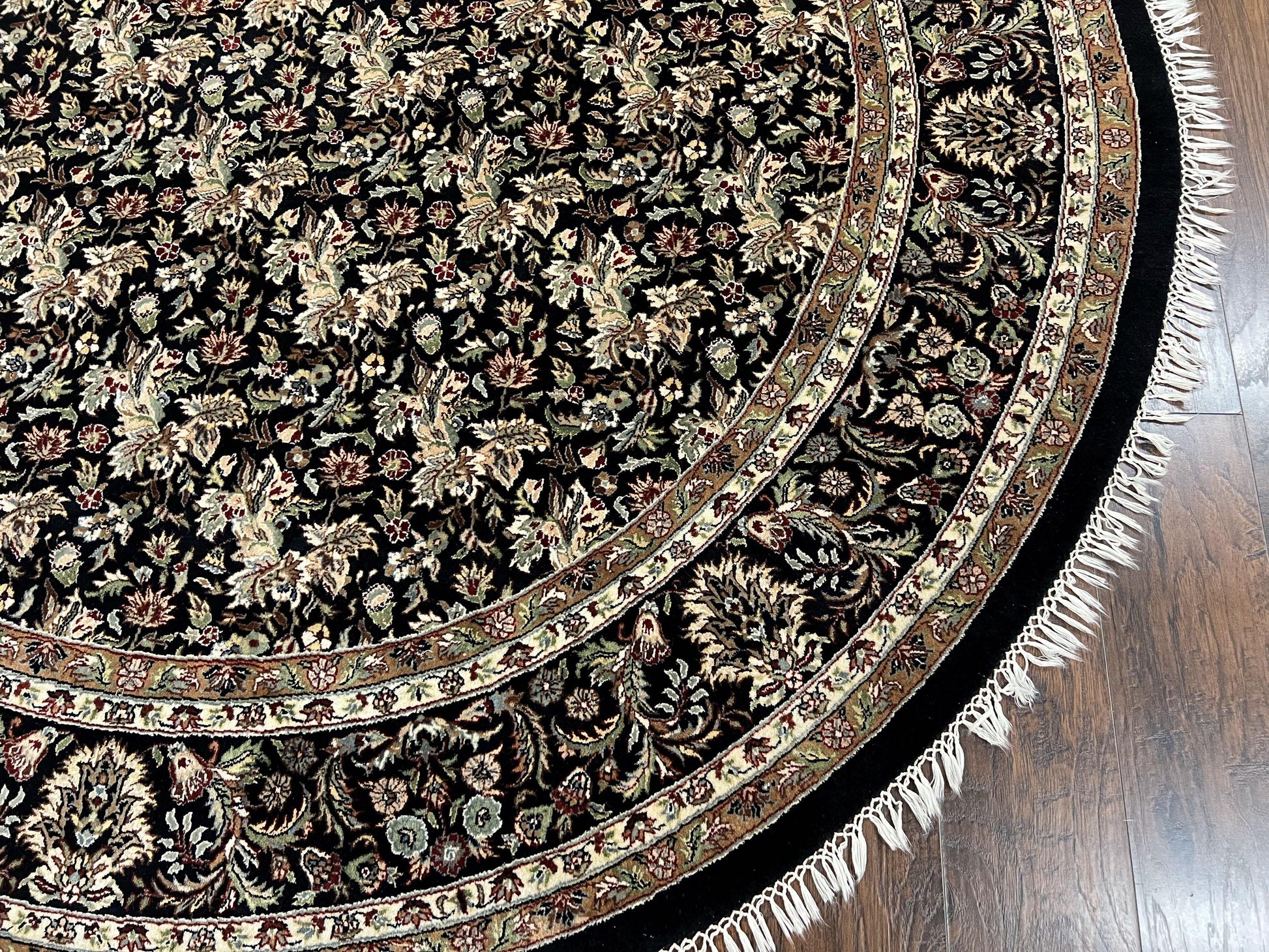Round Oriental Rug 8x8 ft, William Morris Floral Pattern Carpet, 8 x 8 ft Round Rug, Black Cream and Tan 8ft Round Handmade Indo Persian Rug - Nuvé