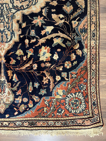 Antique Persian Rug 3.5 x 5, Sarouk Farahan Rug, High Quality 1920s Fine Oriental Carpet 3 x 5 ft, Large Medallion, Floral, Navy Blue Red, Hand Knotted Wool Rug
