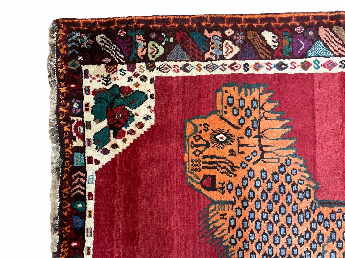 Antique Persian Gabbeh Wool Rug 4x5, Lion Pictorial Rug, Red Orange Black, Hand Knotted Handmade Vintage Gabbeh Carpet 4 x 5 ft, Tribal Rug - Nuvé