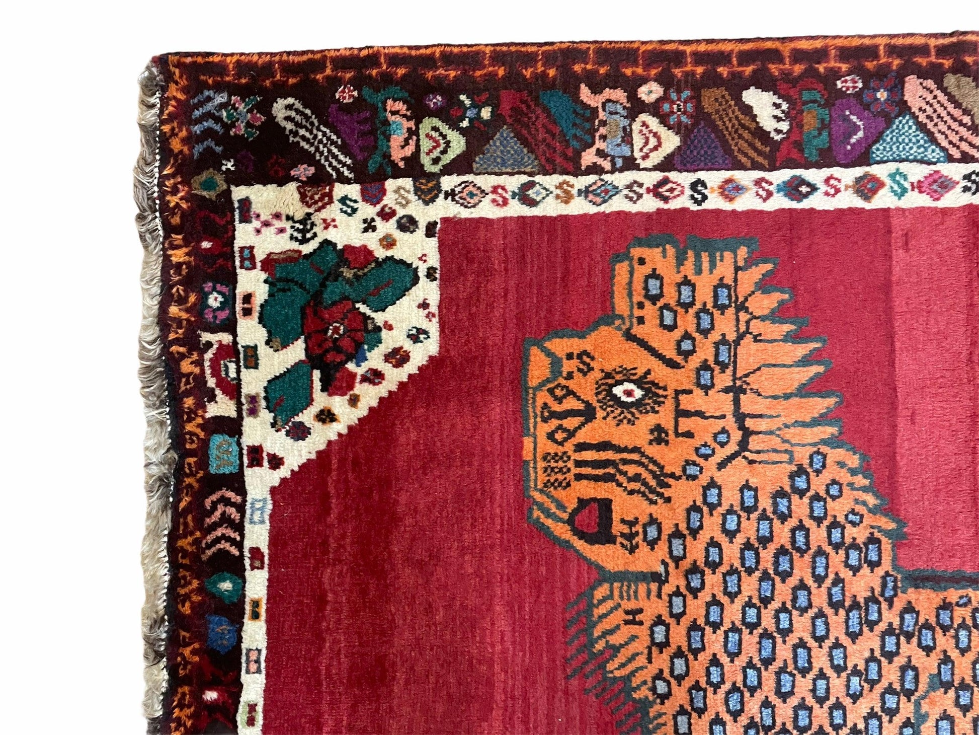 Antique Persian Gabbeh Wool Rug 4x5, Lion Pictorial Rug, Red Orange Black, Hand Knotted Handmade Vintage Gabbeh Carpet 4 x 5 ft, Tribal Rug - Nuvé