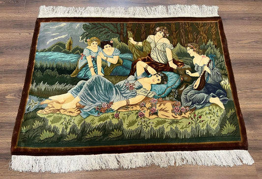 Persian Tabriz Pictorial Rug 5x3, Women Laying By River, Super Fine 60 Raj 480+ KPSI, Hand Knotted Wool Rug, Semi Antique Vintage Oriental Carpet - Nuvé