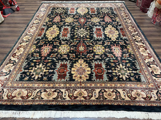 Indo Persian Mahal Rug 9x12, Dark Green and Cream Hand Knotted Wool Oriental Carpet, Floral Allover, Vintage Traditional Handmade Room Sized - Nuvé