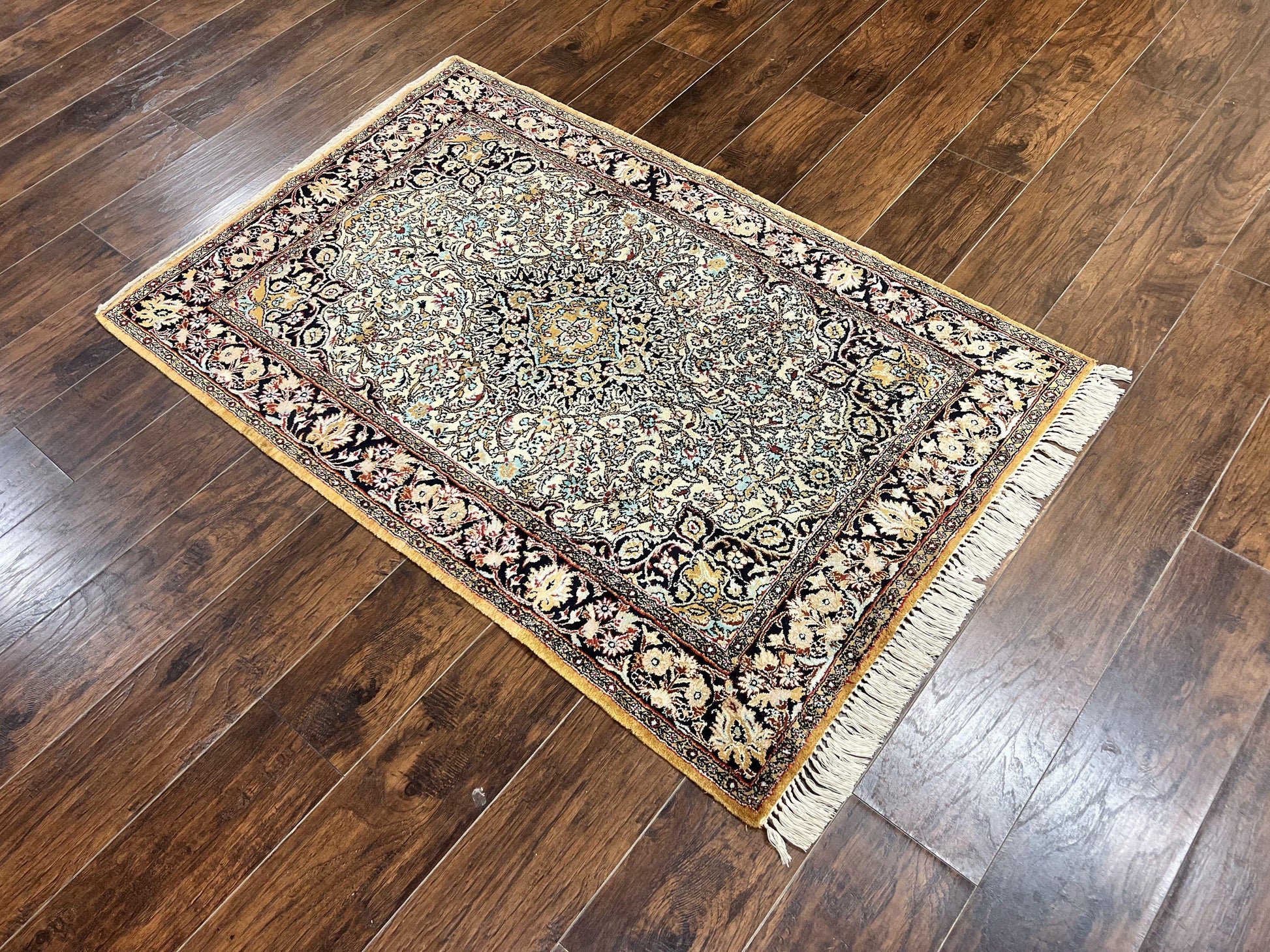 Silk Persian Qum Rug 4x5, Hand Knotted Vintage Carpet, Cream & Navy Blue, Silk Pile on Silk Foundation, Very Fine 360 KPSI - Nuvé