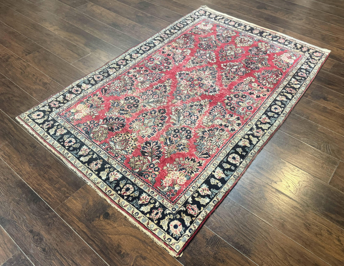 Antique Persian Sarouk Rug 4x7, Floral, Red 1920s Persian Wool Carpet - Nuvé