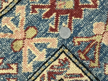 Turkish Kazak Rug 4x6, Handmade Vintage Wool Carpet, Geometric Design, Red and Light Blue - Nuvé