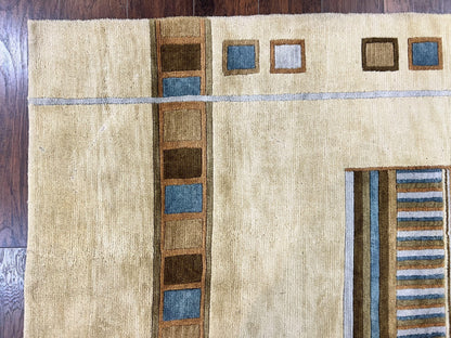 Tibetan Rug 5x8, Contemporary Rug 5 x 8 ft, Cream Brown Blue Hand-Knotted Wool w/ Silk Highlights Tibetan Carpet, Modern Rug - Nuvé