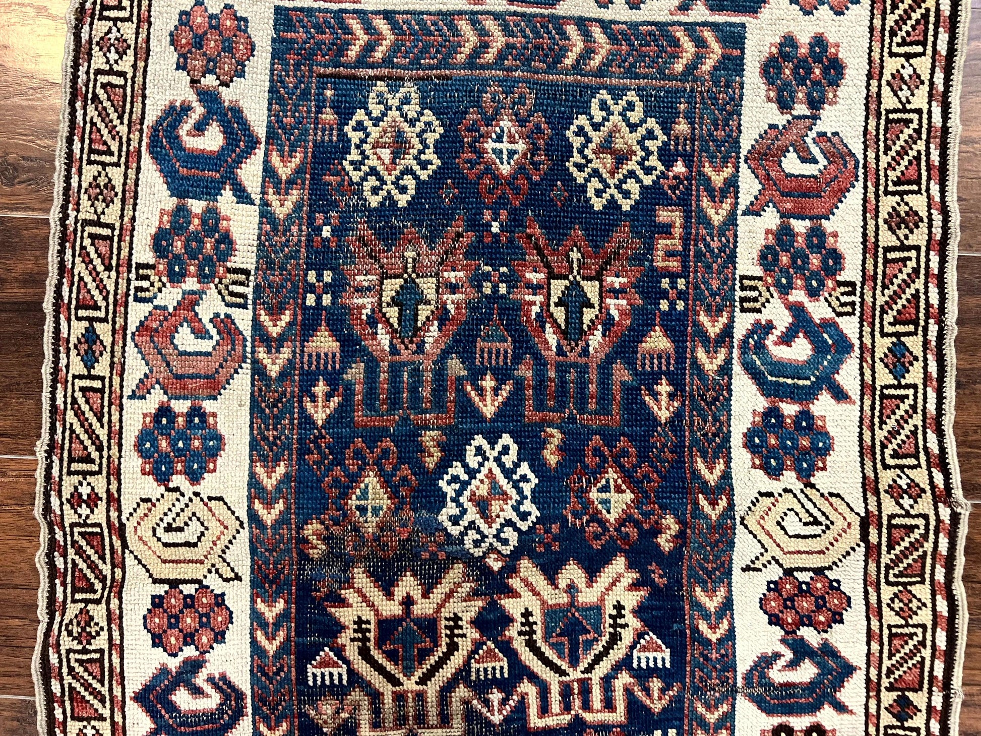 Antique Caucasian Kazak Rug 2.5 x 4, Navy Blue and Ivory, Hand Knotted Handmade Wool Rug - Nuvé