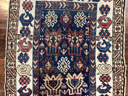 Antique Caucasian Kazak Rug 2.5 x 4, Navy Blue and Ivory, Hand Knotted Handmade Wool Rug - Nuvé