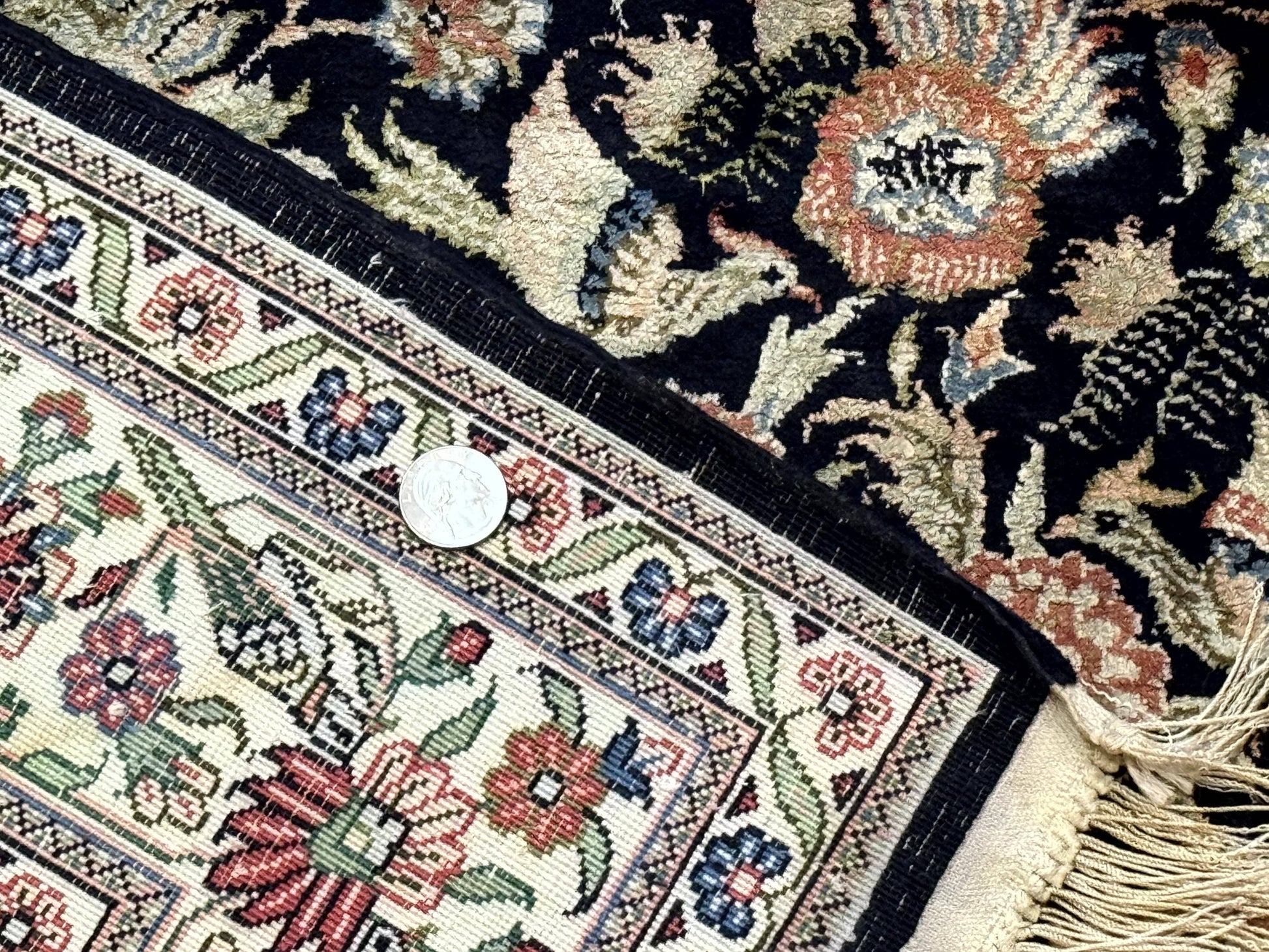 Silk Rug 4x6, Black and Cream, Floral & Bird Pictorials, Fine 330 KPSI, Sino Persian Rug - Nuvé