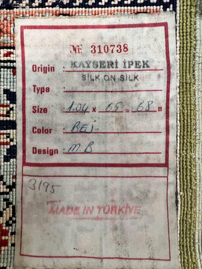 Silk Turkish Kayseri Rug 2x3, Very Finely Hand Knotted, Semi Open Field, Vintage, Silk Pile on Silk Foundation, 300 KPSI - Nuvé