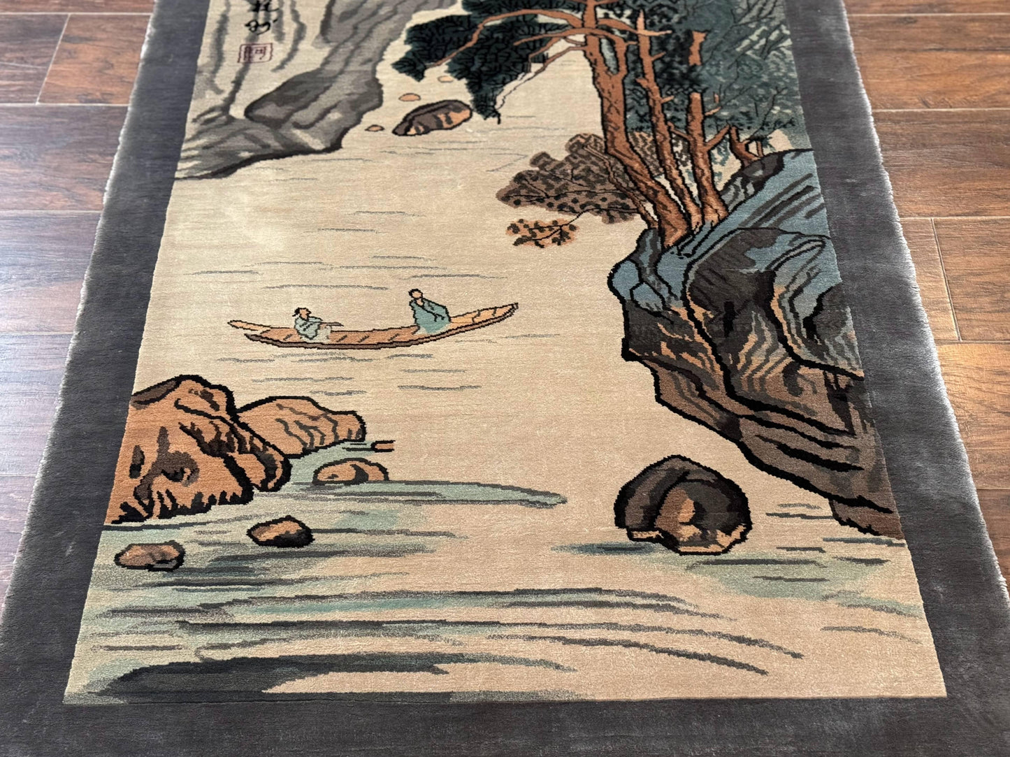 Chinese Silk Wall Hanging 3x5, Handmade, River and Boat Scene, Rug Tapestry - Nuvé