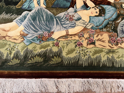 Persian Tabriz Pictorial Rug 5x3, Women Laying By River, Super Fine 60 Raj 480+ KPSI, Hand Knotted Wool Rug, Semi Antique Vintage Oriental Carpet - Nuvé