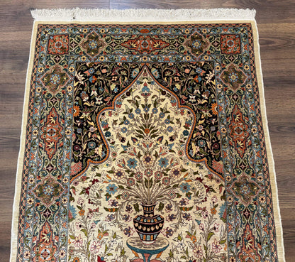 Rare Turkish Hereke Silk Rug 3x5, Tree of Life Persian Vase Design, Very Fine 440 KPSI, Signed - Nuvé
