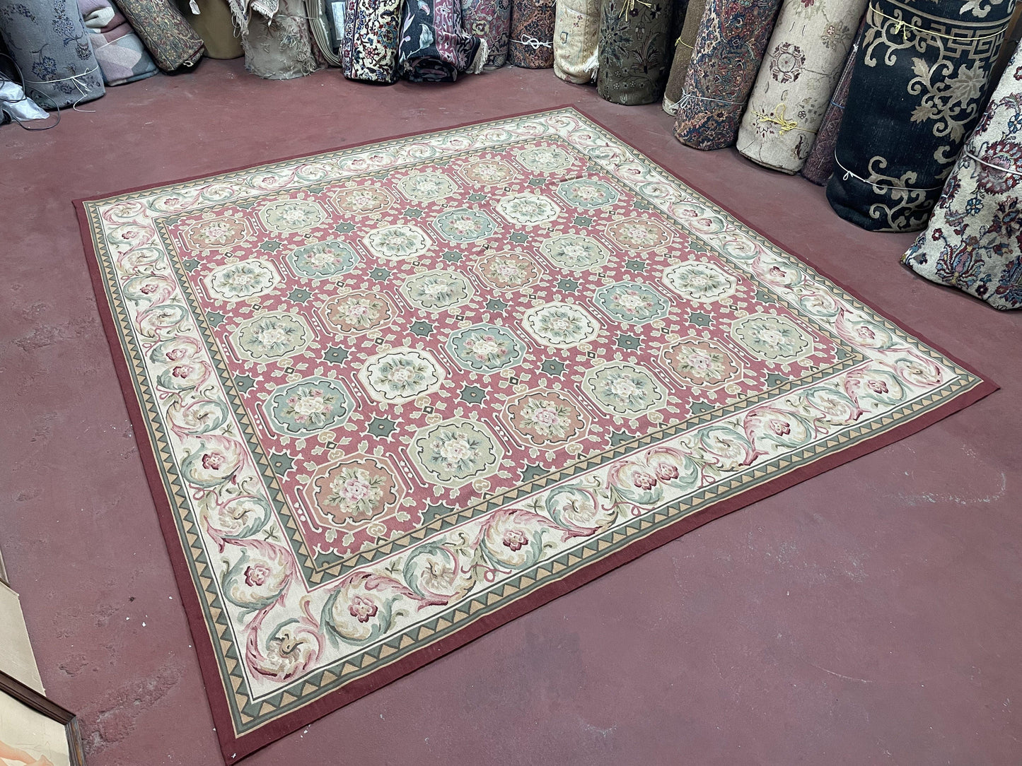 9x9 Square Rug Hand Knotted, Needlepoint Aubusson Carpet, Blush Red, Beige, Green, New, Mint Condition Area Rug, English European Design - Nuvé