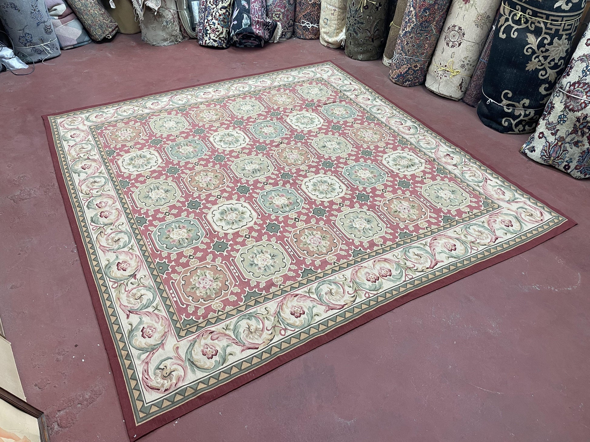 9x9 Square Rug Hand Knotted, Needlepoint Aubusson Carpet, Blush Red, Beige, Green, New, Mint Condition Area Rug, English European Design - Nuvé