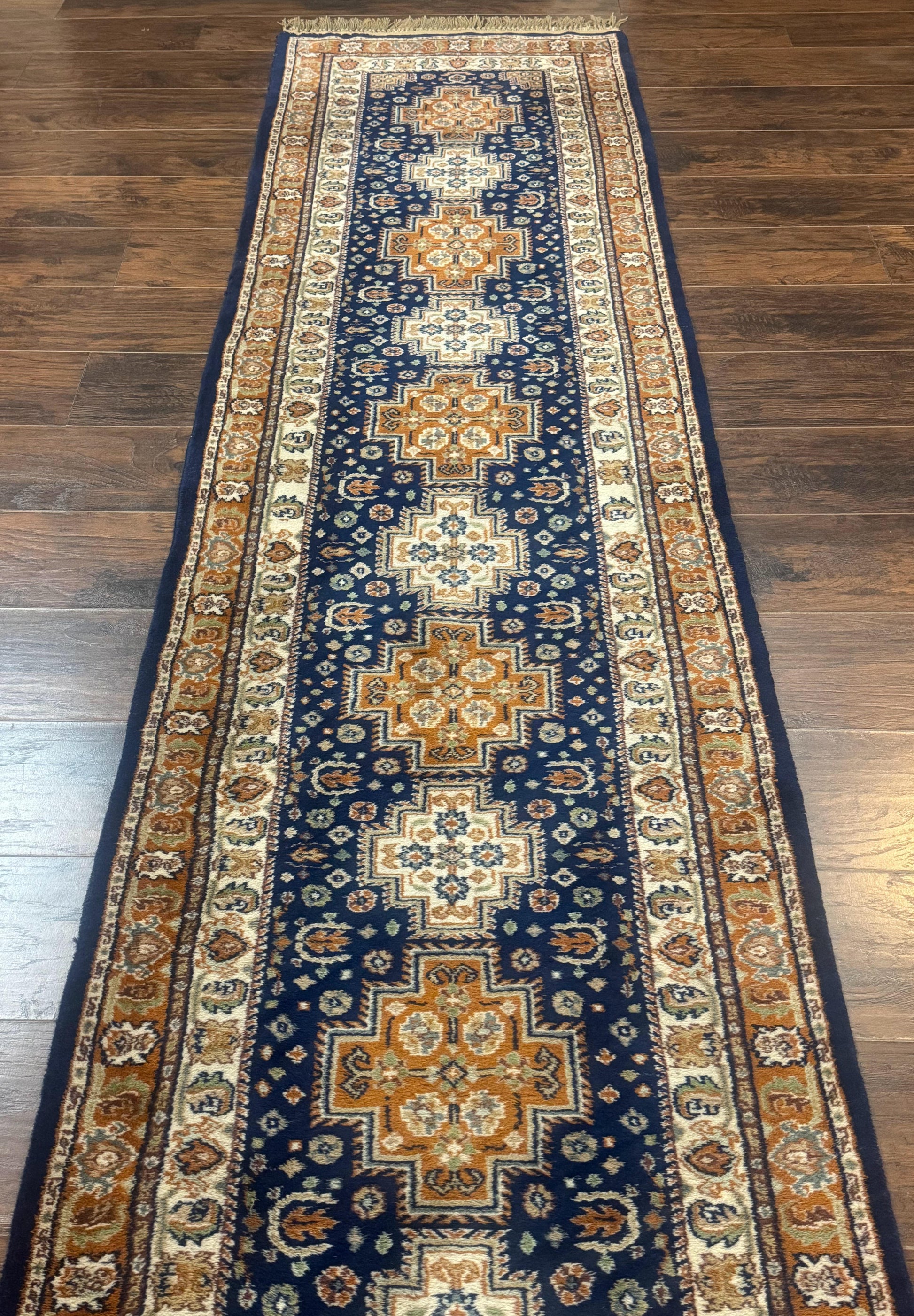 Indo Persian Runner Rug 2.6 x 12.7, Indian Kashmiri Runner for Hallway or Kitchen, Navy Blue, Geometric Medallions, Handmade Wool - Nuvé