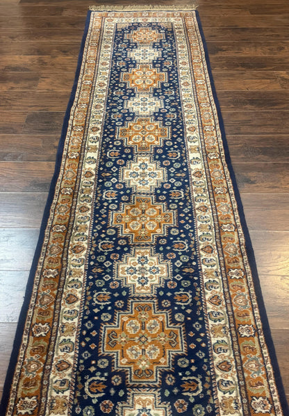 Indo Persian Runner Rug 2.6 x 12.7, Indian Kashmiri Runner for Hallway or Kitchen, Navy Blue, Geometric Medallions, Handmade Wool - Nuvé