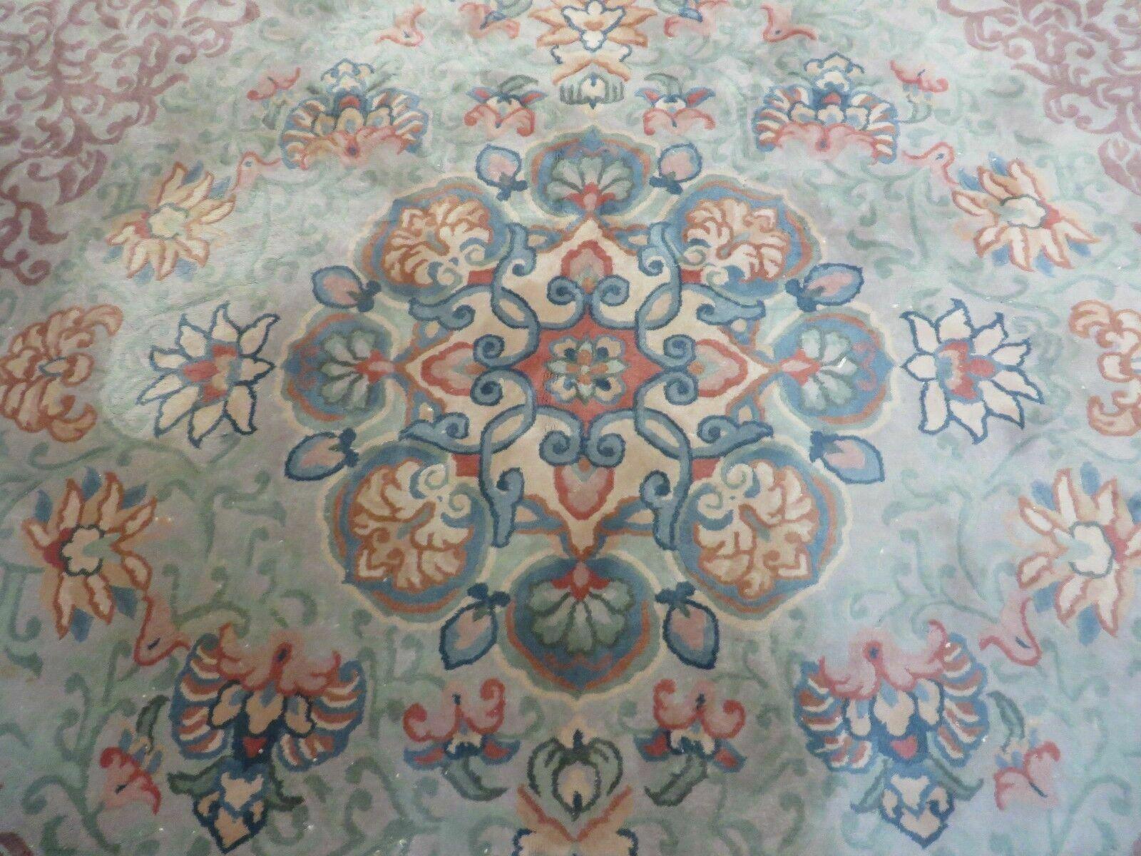 9' X 12' Vintage Handmade Chinese Carving Sculpture Wool Rug Flower Design Pink Carpet - Nuvé