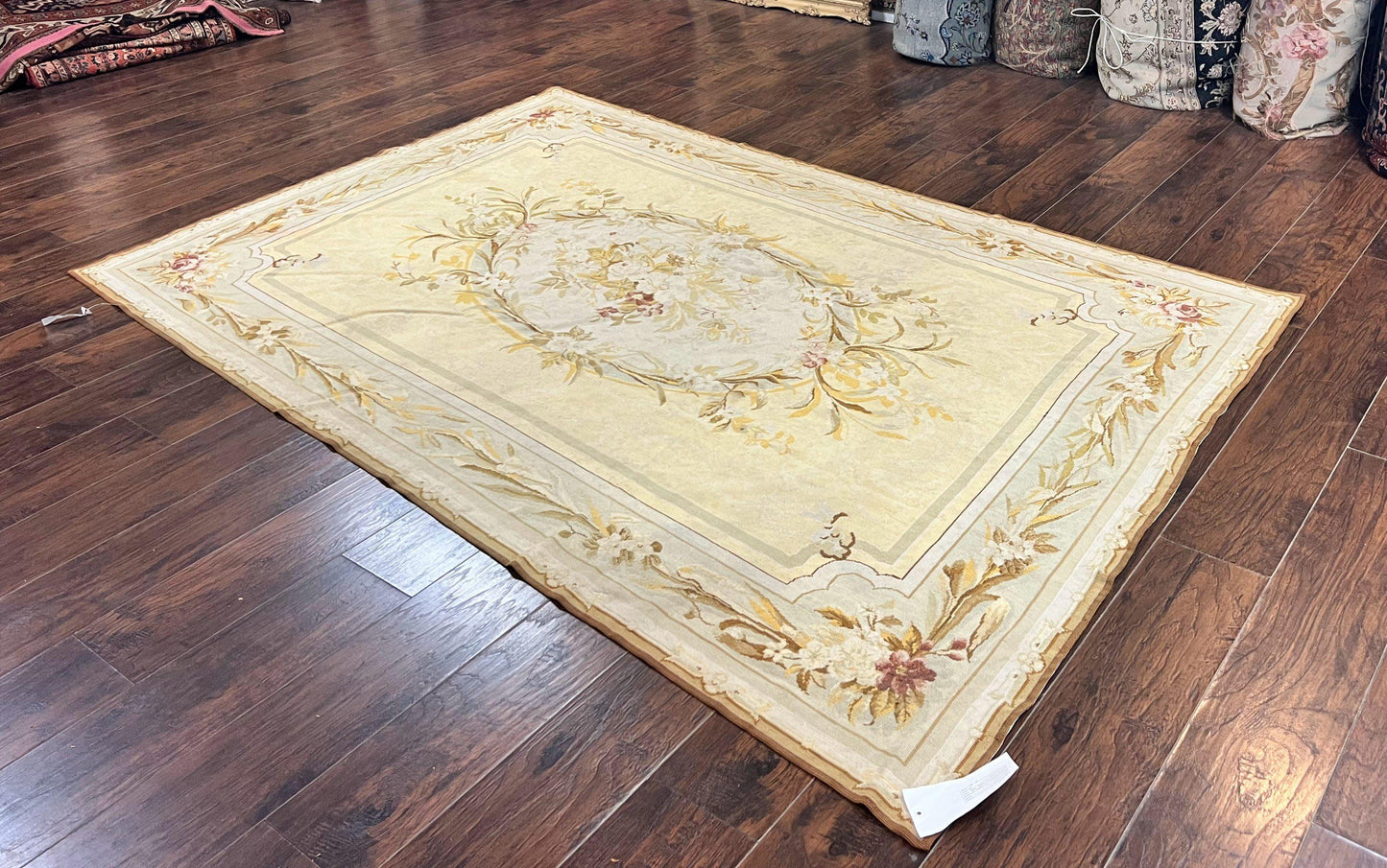 Needlepoint Rug 6x9, Elegant European Design Aubusson Carpet, Vintage Wool Handmade Rug, Light Yellow Ivory - Nuvé