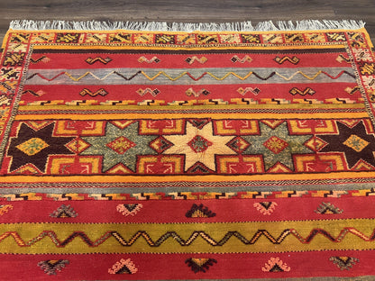 Unique Moroccan Rug 7x10, Room Sized Carpet, Red Orange Gray, Wool Oriental Striped Geometric Tribal Boho Rug, Flatweave with Raised Pile - Nuvé