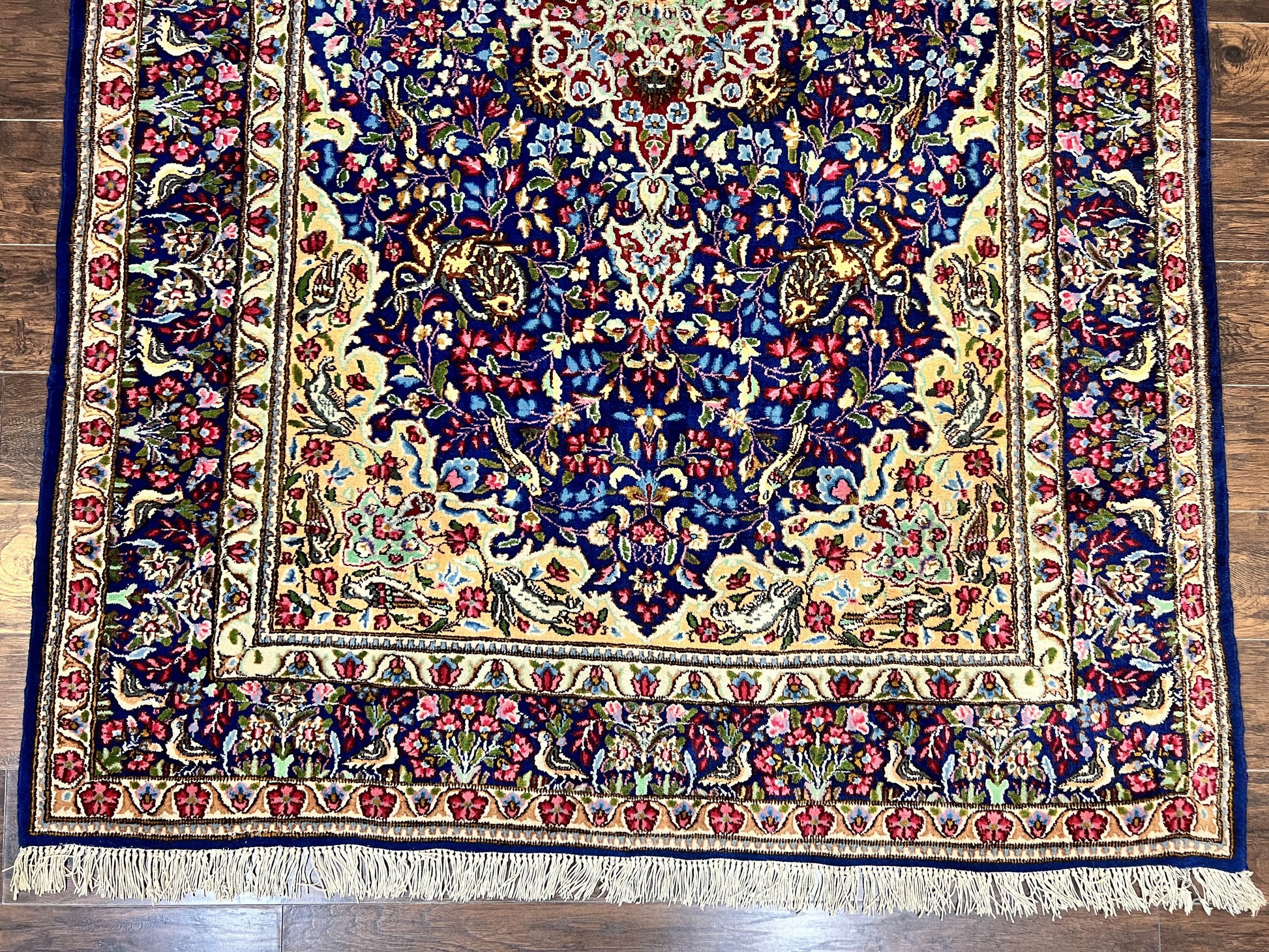 Persian Kirman Rug 6x9, Floral Medallion Vintage Wool Handmade Carpet 6 x 9, Animal Pictorials Birds, Semi Antique, Navy Blue, Millefleur - Nuvé