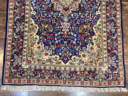 Persian Kirman Rug 6x9, Floral Medallion Vintage Wool Handmade Carpet 6 x 9, Animal Pictorials Birds, Semi Antique, Navy Blue, Millefleur - Nuvé