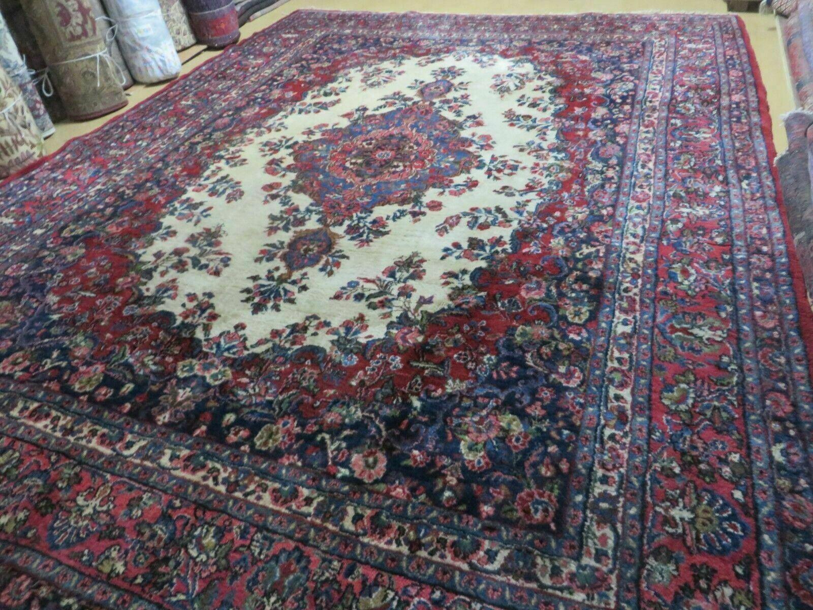 9x12 Persian Sarouk Rug - Semi Open Field Medallion Rug - Ivory Red Blue Hand Knotted Wool Oriental Carpet 9 x 12 Antique Rug - Vegetable Dyes - Nuvé