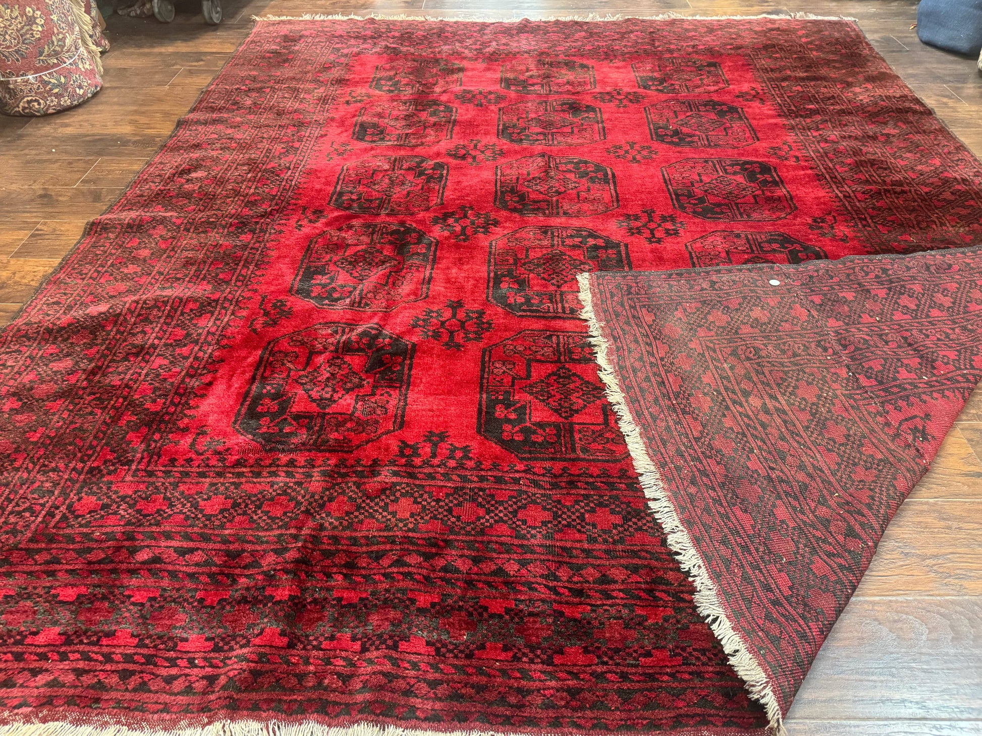 Afghan Turkoman Rug 9x10, Red Beshir Carpet, Tribal, Wool, Antique - Nuvé