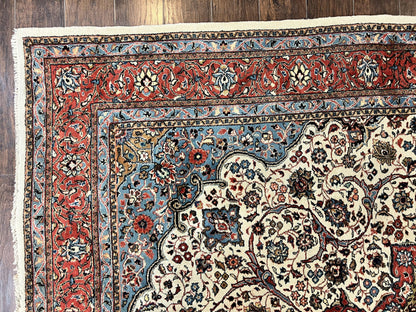 Persian Sarouk Rug 8x12, Wool Hand Knotted Antique Carpet, Floral Medallion, Cream Red, Traditional Oriental Rug - Nuvé