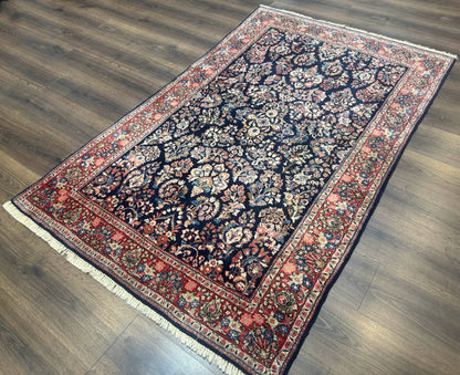 Navy Blue Persian Rug 4x6, Sarouk Mohajeran Carpet, Antique Persian Rug, Floral - Nuvé