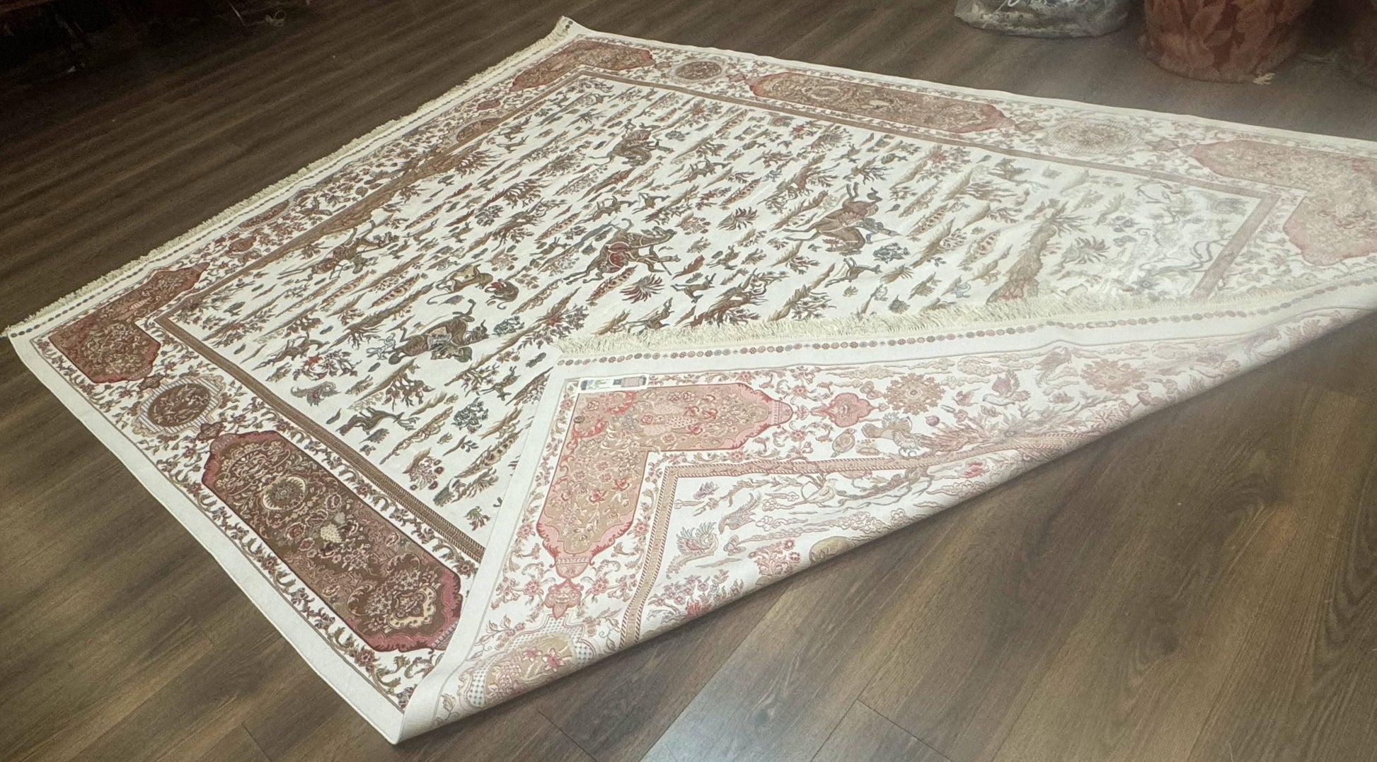 Large Turkish Silk Rug 8x10, Ivory, Hunting Design, Bamboo Silk, New - Nuvé
