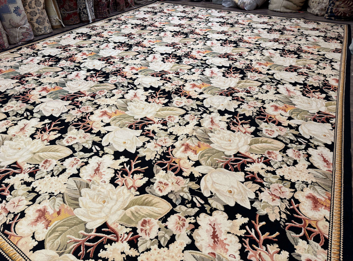 Palace Size Needlepoint Rug 13x17, Extra Large Wool Floral Handmade Carpet, European Design, Botanical - Nuvé