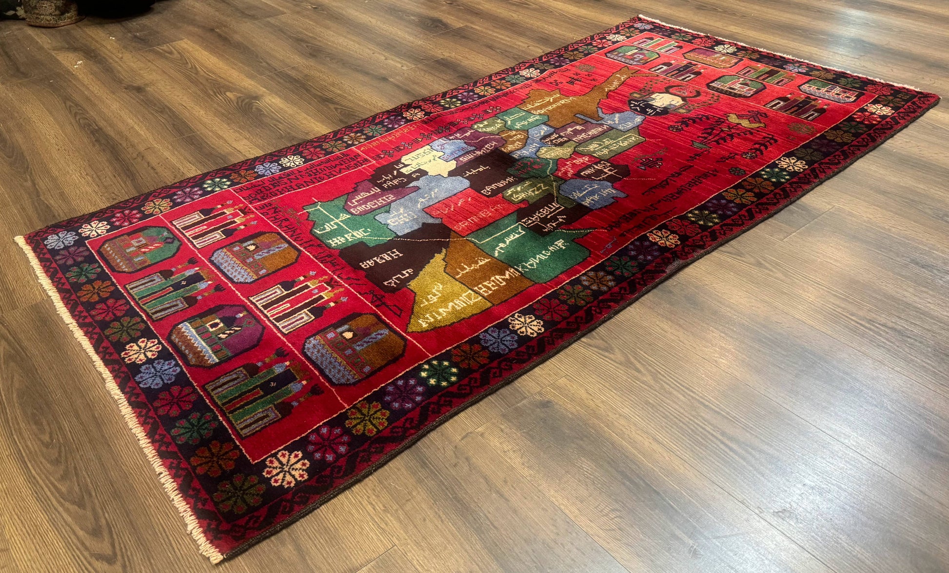 Afghan Rug 3x7, Map of Afghanistan, War Rug, Tribal Rug, Balouch Rug, New, Red - Nuvé