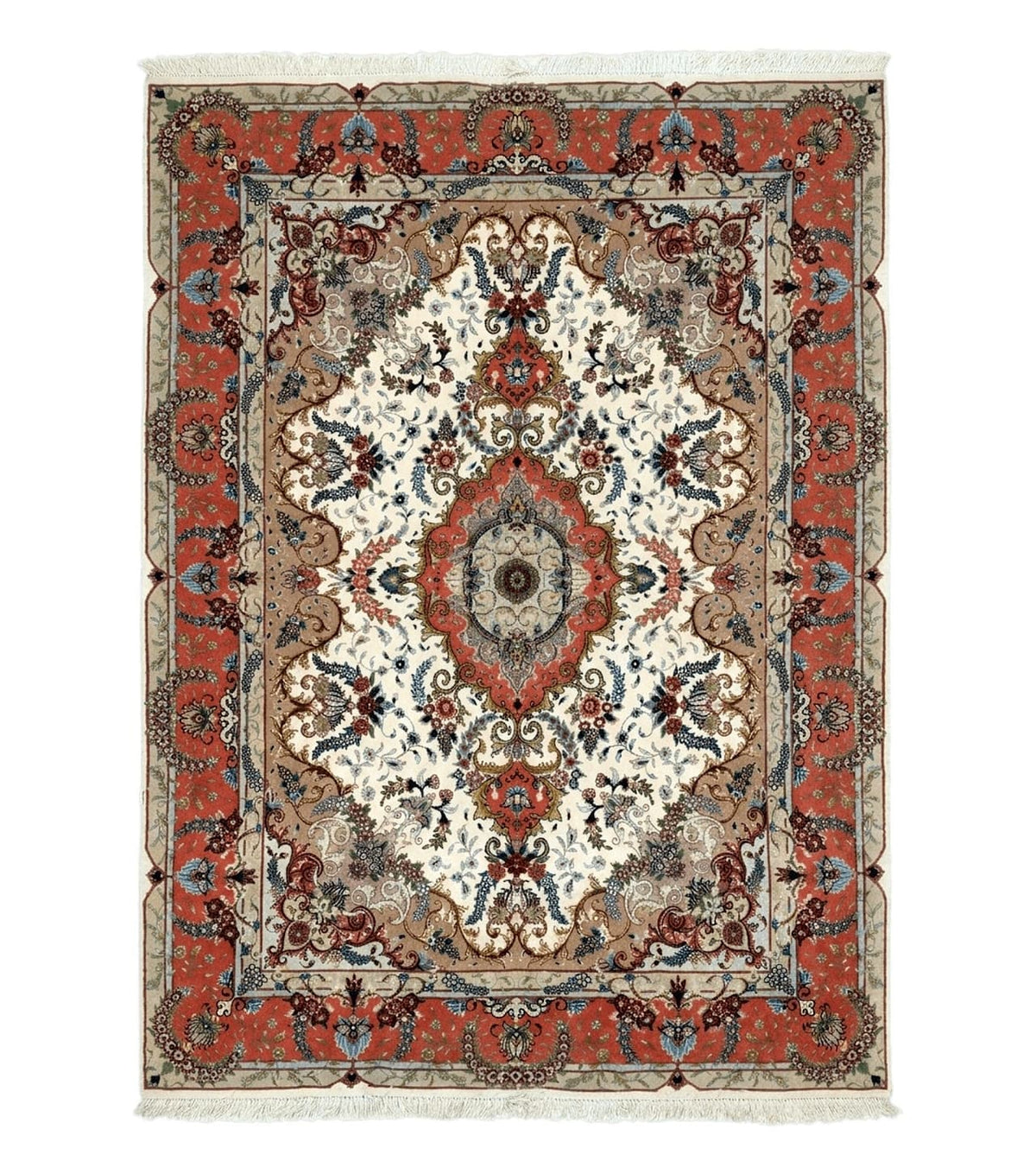 Wonderful Persian Tabriz Rug 5x7, Very Fine 440 KPSI, Ivory and Coral, Rare