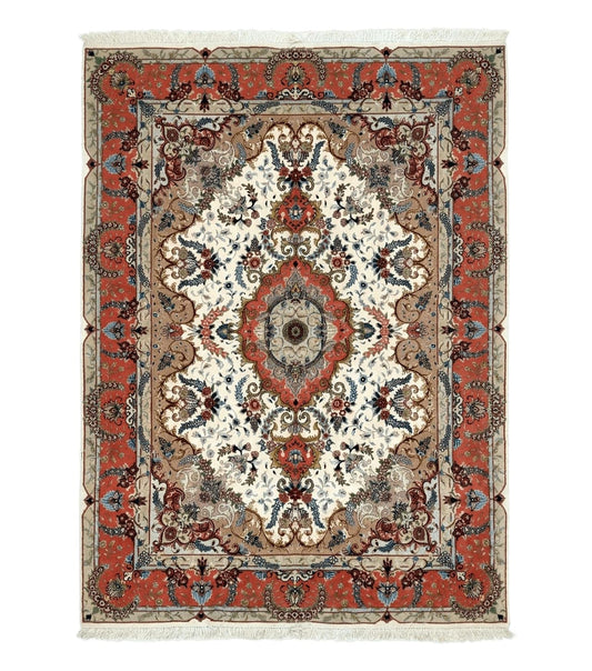 Wonderful Persian Tabriz Rug 5x7, Very Fine 440 KPSI, Ivory and Coral, Rare